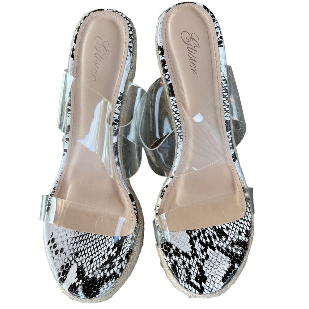 Glister Blackwhite Snake Skin Clear Wedge Sandals Women’s Size 10